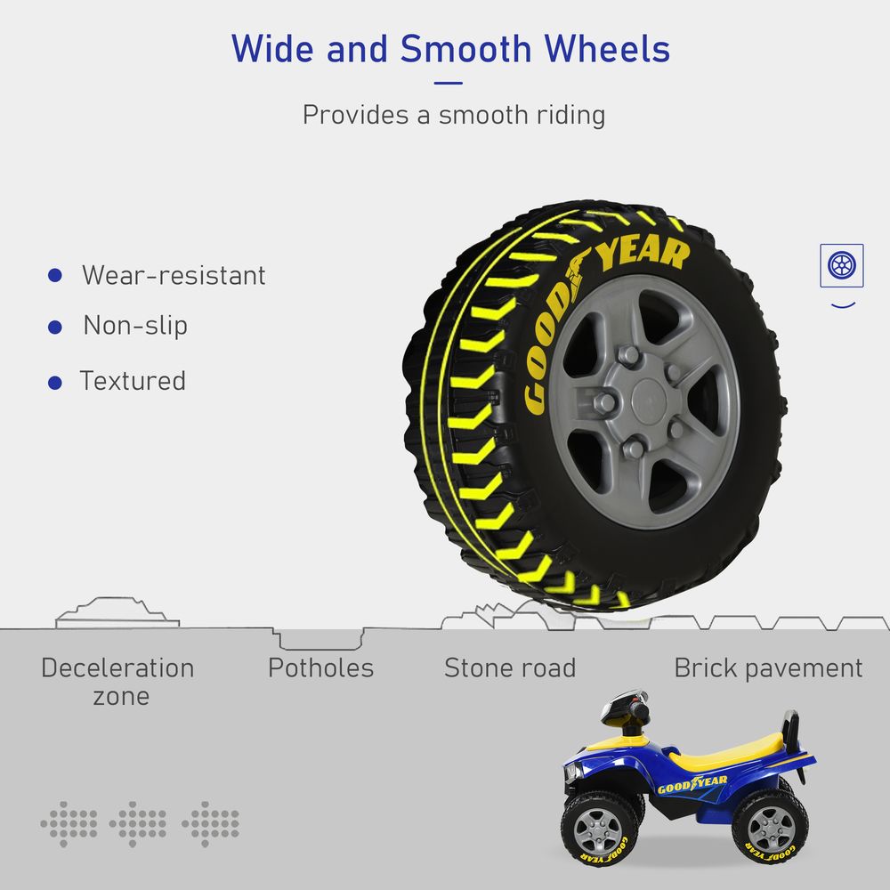 Wide tread wheel with gray rim on a blue Goodyear quad bike ride-on.
