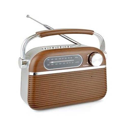 Brown wood-look Bluetooth rechargeable radio with tuning dial, front grille, and antenna