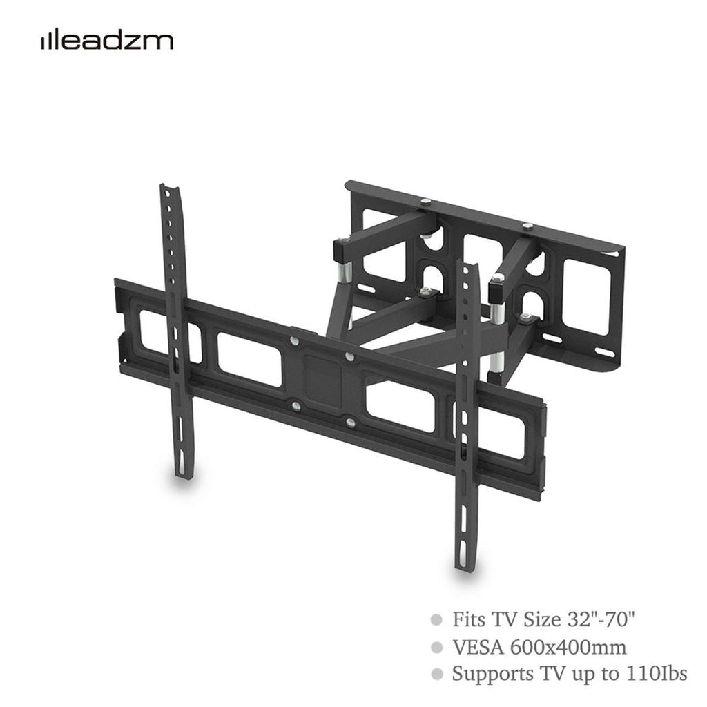 Black low-profile TV wall mount bracket with extended side rails and tilt arms