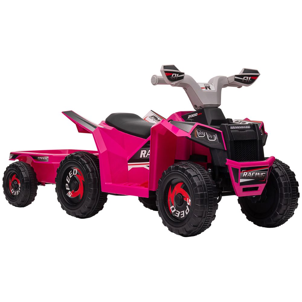 Pink electric quad ride-on with front cargo box and black seat