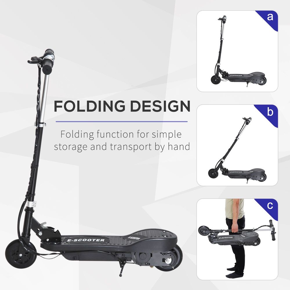 Black folding kids electric scooter shown in compact folding design for transport