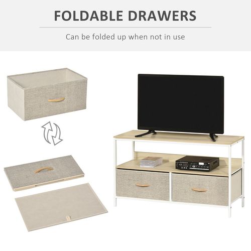 TV stand cabinet showing foldable gray linen drawers and open shelf under the tabletop