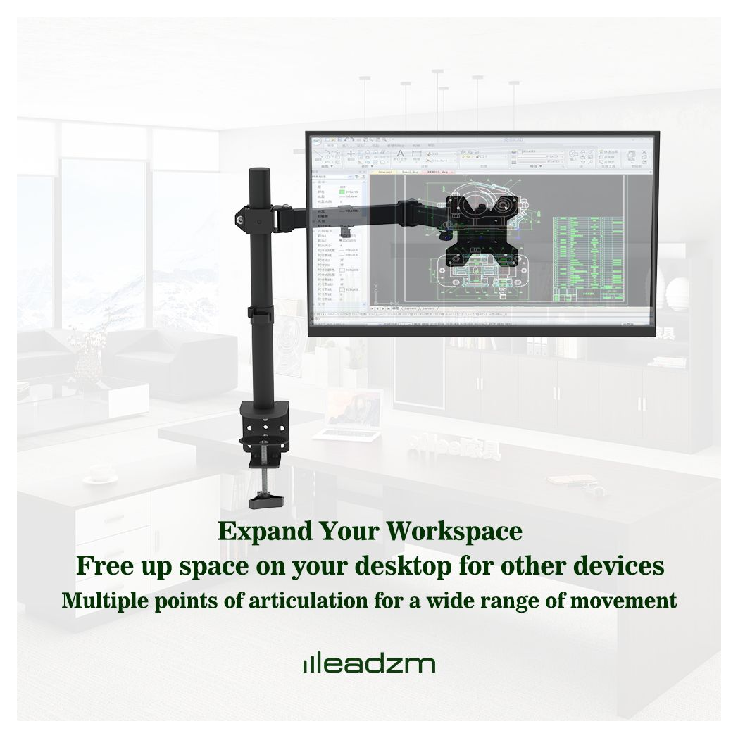 Black desktop TV stand with VESA arm, adjustable tilt and 360° rotation