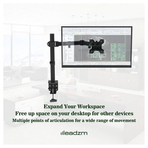Black desktop TV stand with VESA arm, adjustable tilt and 360° rotation