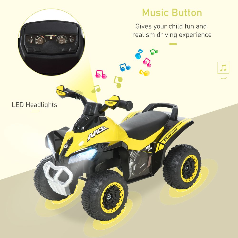 Yellow and black toddler ride-on quad with front LED-style headlight and black handlebar