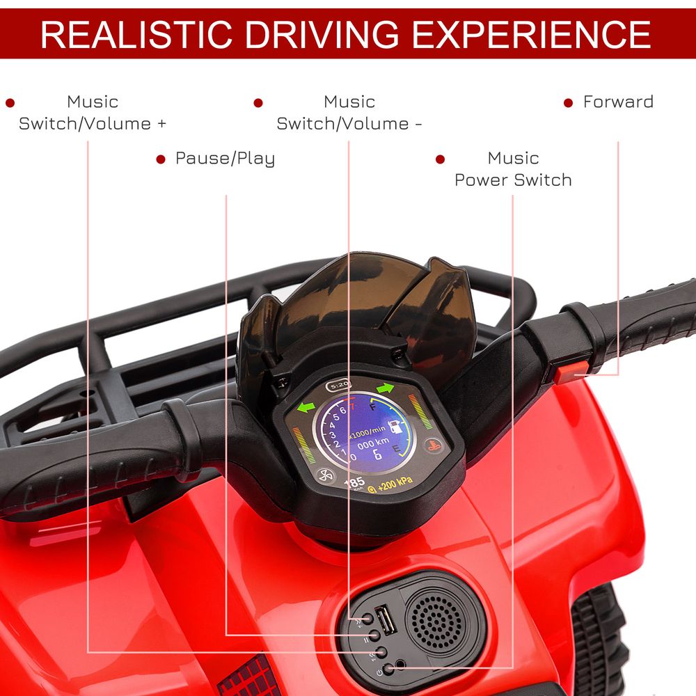 Red kids electric quad ATV dashboard and steering controls with lit display panel.