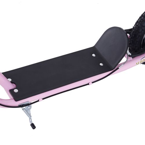 Pink scooter with black non-slip foot deck and kickstand visible underneath