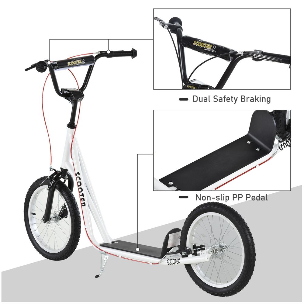 White kids kick scooter with black grips, black non-slip pedal deck, kickstand, and wheels