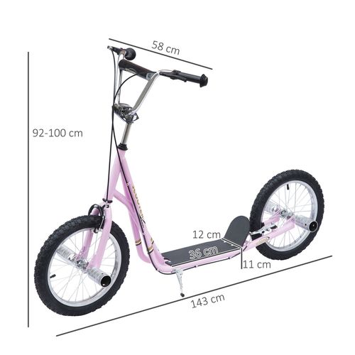Pink kids stunt scooter with adjustable handlebar and black seatless deck, side view