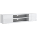 White floating TV console with open shelves, two cabinets, and center media space