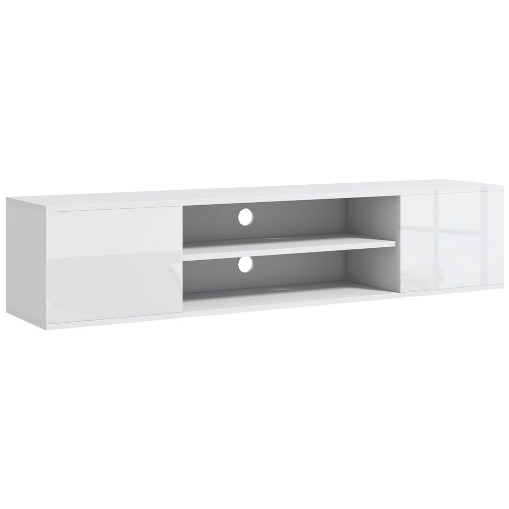 White floating TV console with open shelves, two cabinets, and center media space