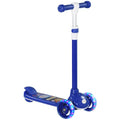 Kids 3-wheel scooter with blue deck, white handlebar and glowing LED front wheels