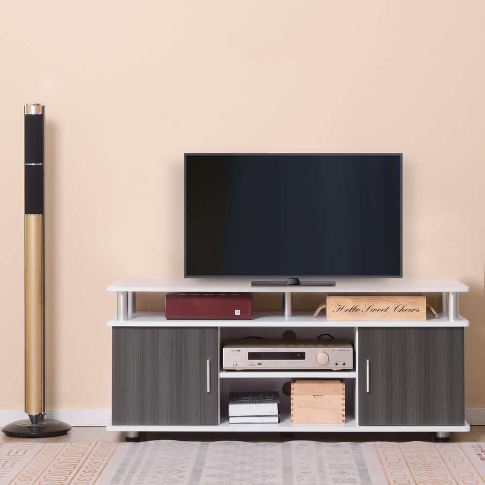Grey and white TV stand with open shelves, media storage, and two cabinet doors