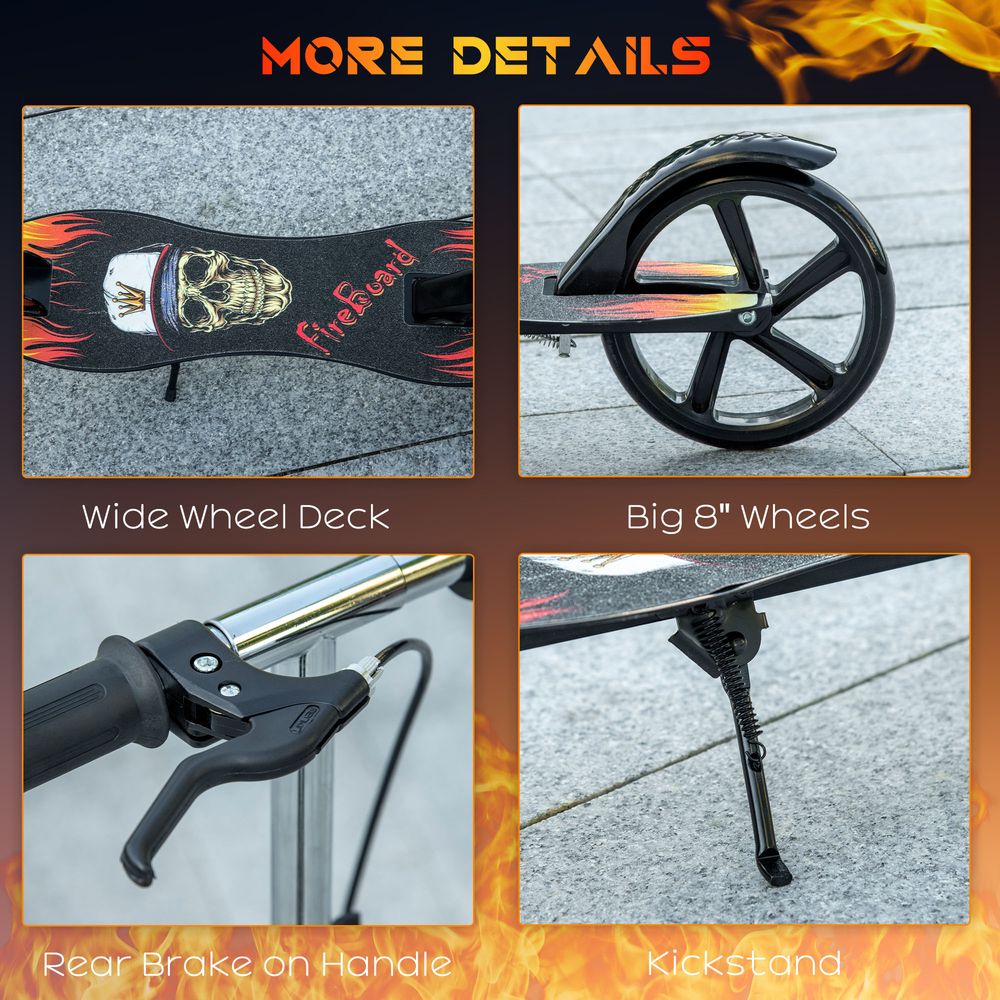 Close-up of black kids scooter: wide deck, large wheels, rear brake, kickstand
