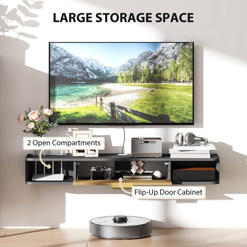 Floating grey TV console with two open compartments and flip-up door cabinet