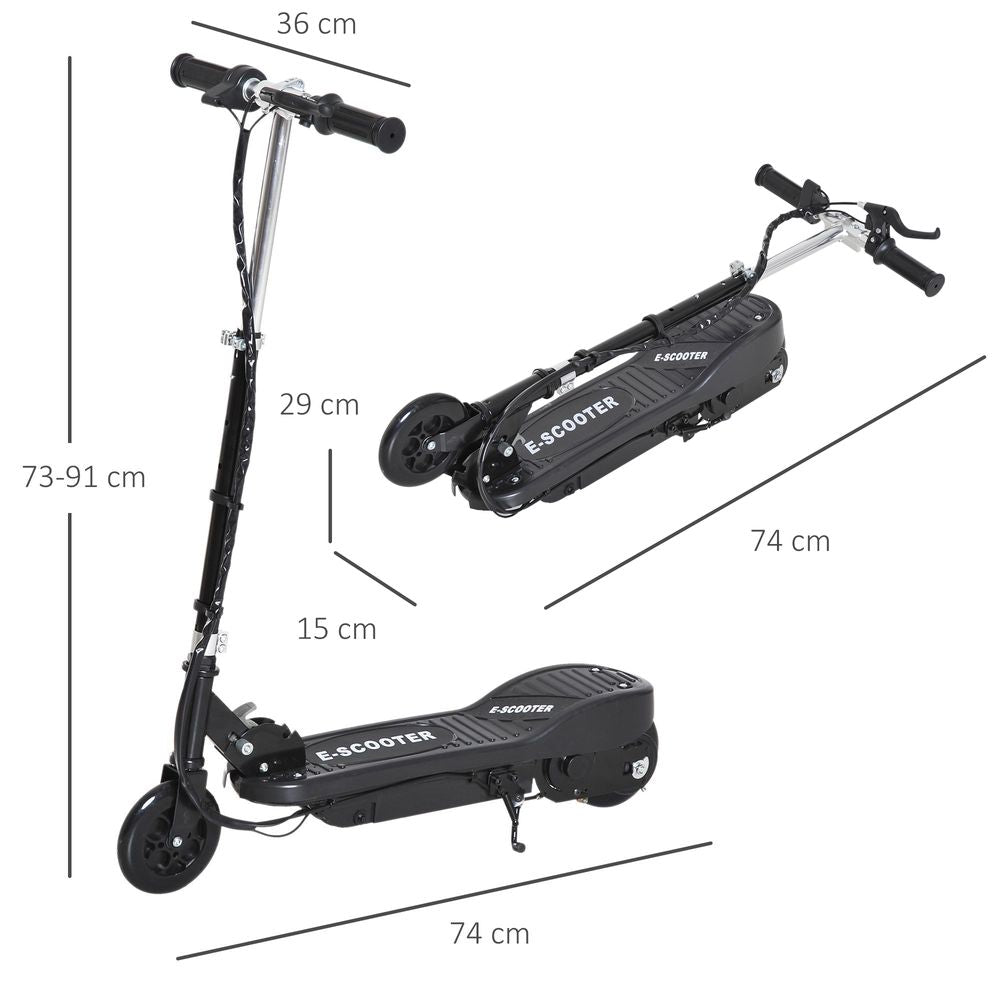 Black kids electric scooter with labeled dimensions for deck and handlebar height