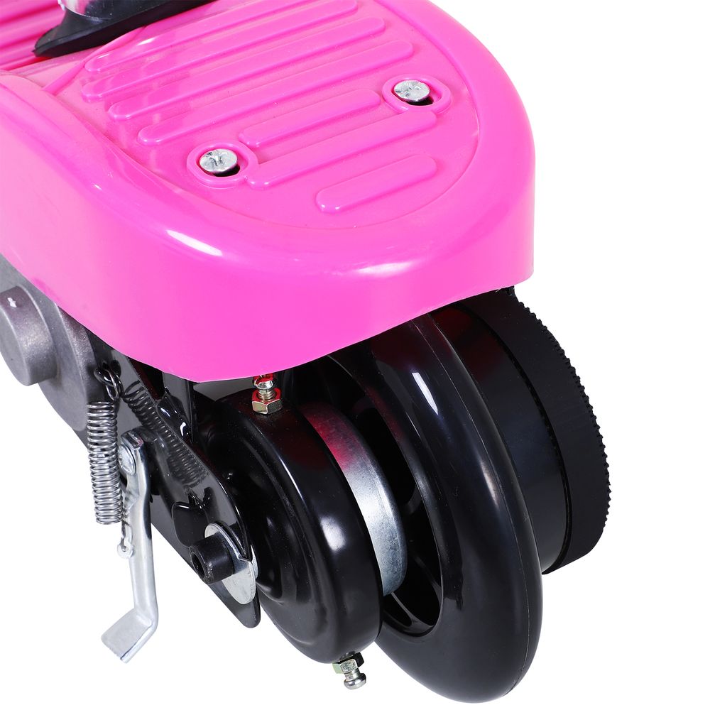 Pink kids electric scooter front wheel and suspension spring detail