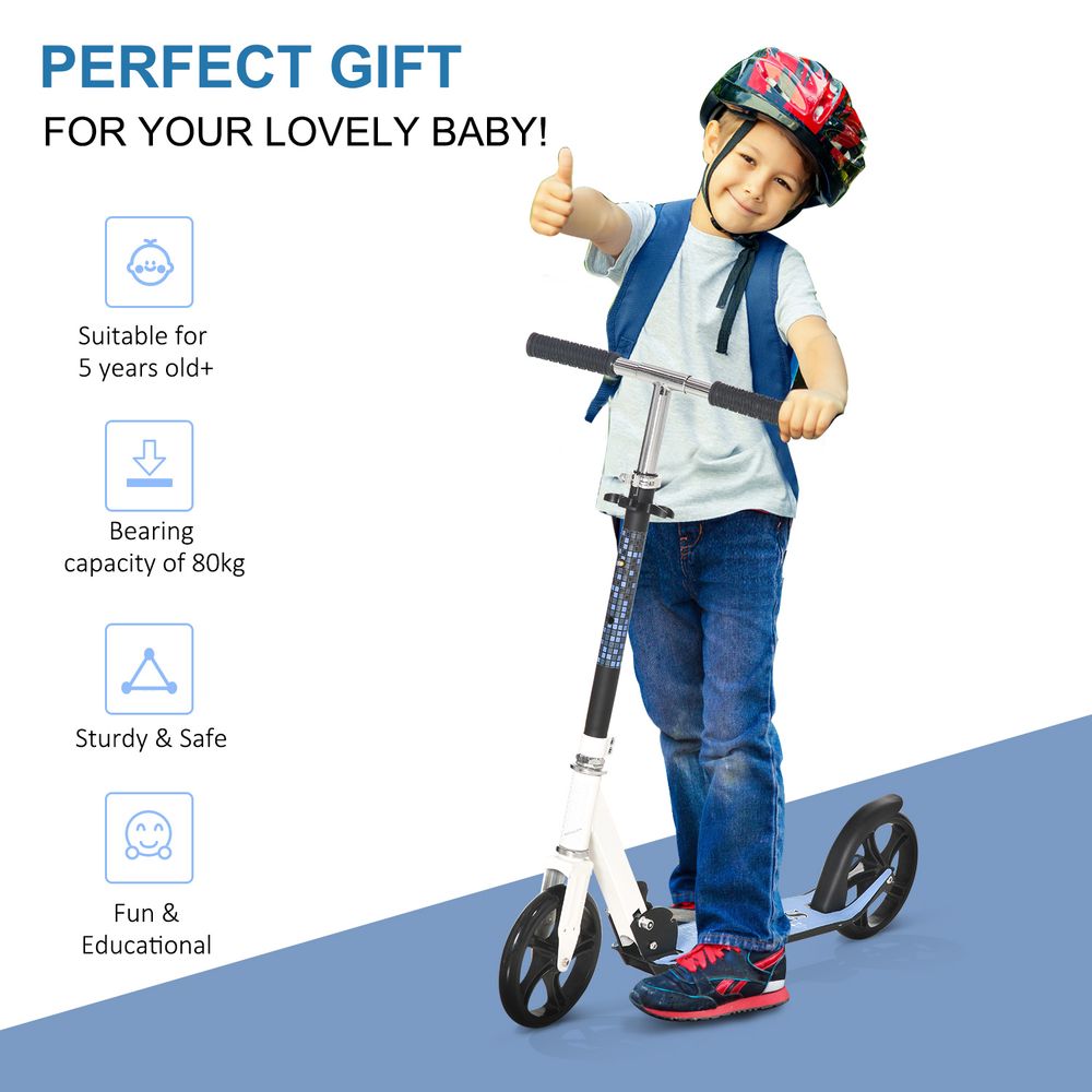 White kick scooter with blue patterned stem, black handlebar grips and rear kick stand.