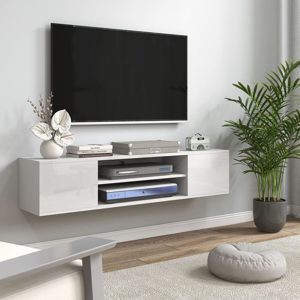 White floating TV console with center open shelves and lower pull-out drawer