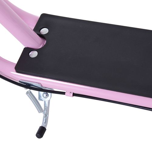 Close-up of pink scooter frame and black foot deck with mounting bolts