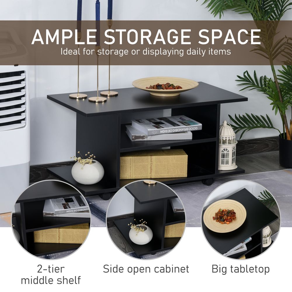 Black TV stand with large tabletop and three open storage areas, rolling casters