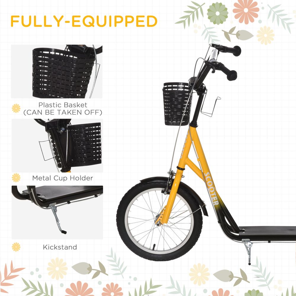 Kids ride-on scooter accessories: black basket, metal cup holder and kickstand on orange frame