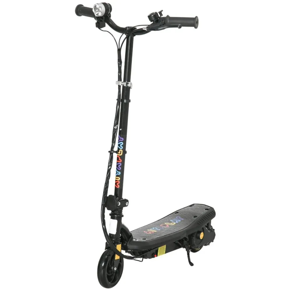 Black electric scooter side view with textured foot deck and front headlight