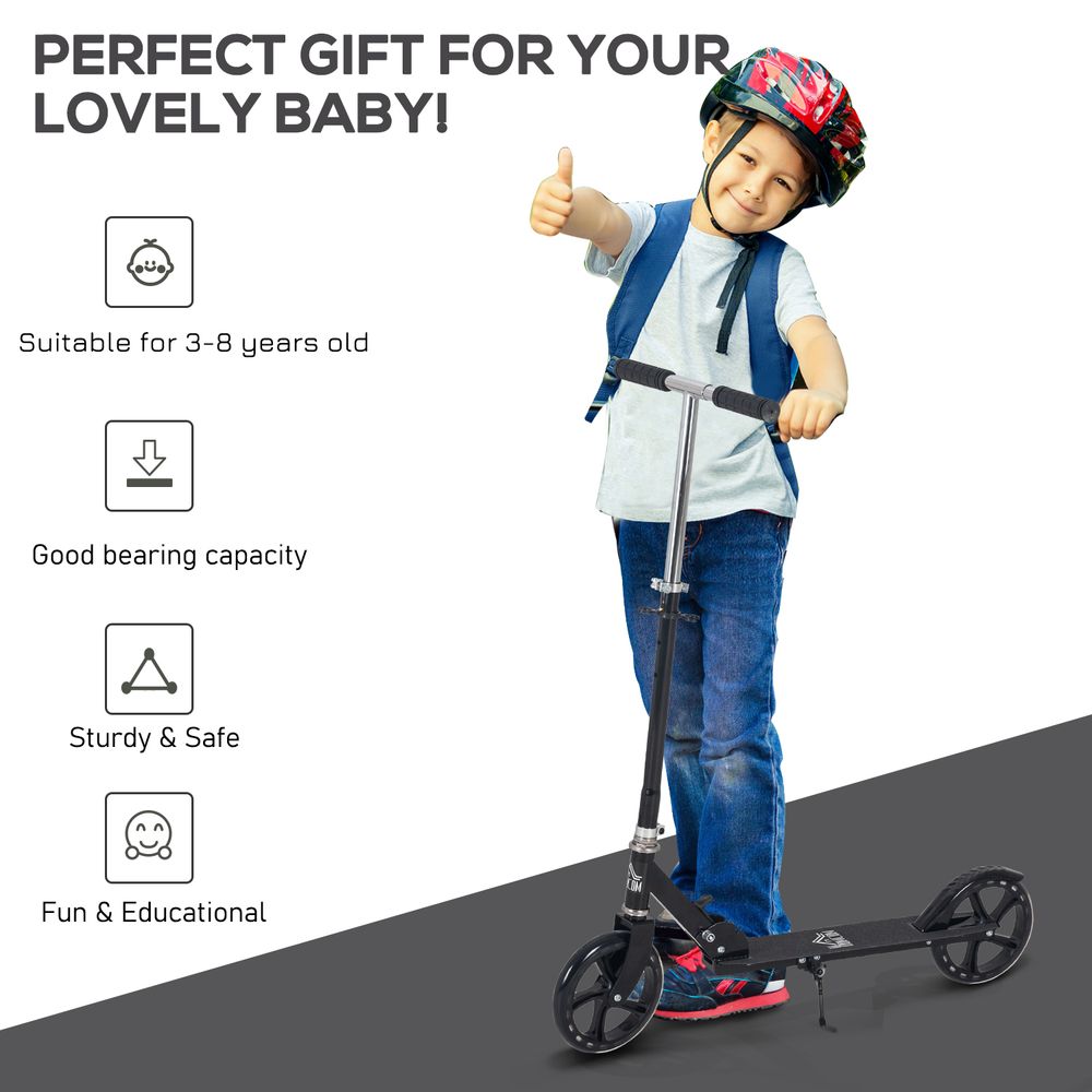 Kids ride-on scooter with black frame and wheels, shown with a child wearing helmet