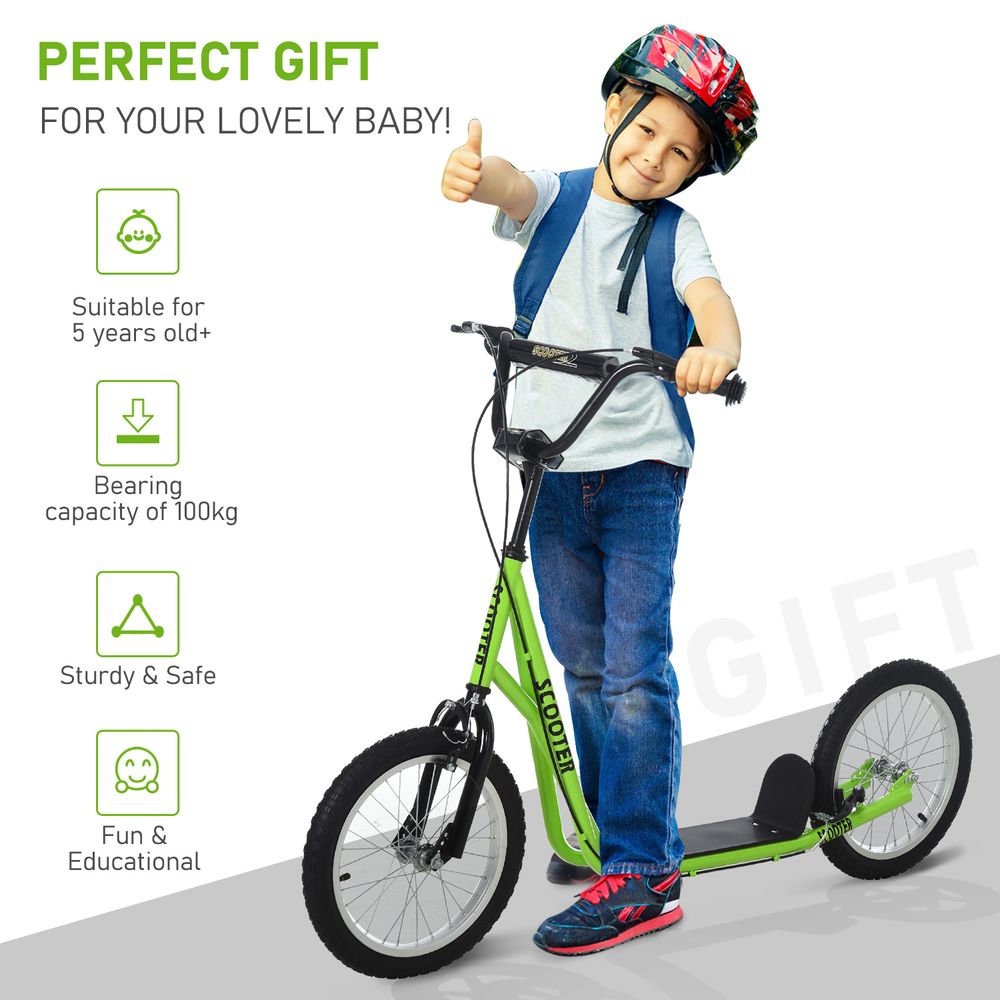 Green kids kick scooter with black deck and helmeted child riding