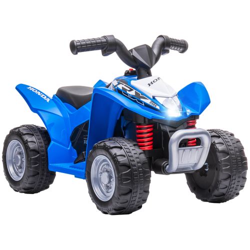 Blue kids electric quad bike with black seat, black handlebars, and front grille