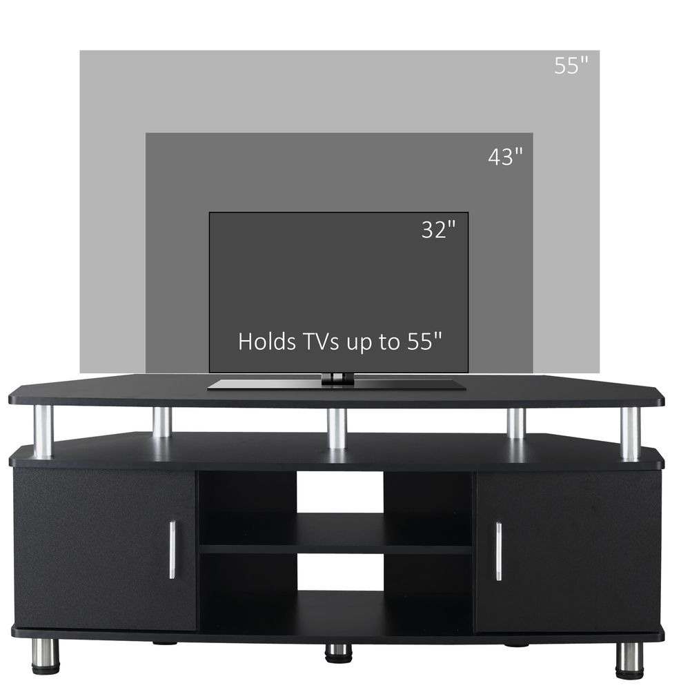 Black TV media console with two cabinet doors, open center shelf, metal support legs