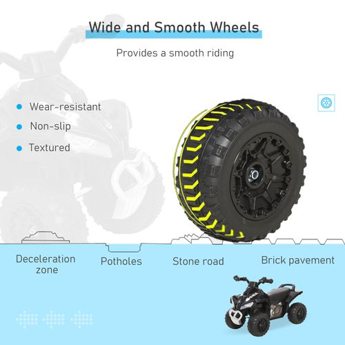 Wide black ride-on quad wheel with textured tread and yellow side accents