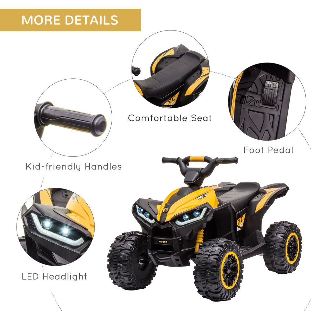 Kids yellow electric quad bike with comfortable seat, foot pedal, and LED headlight