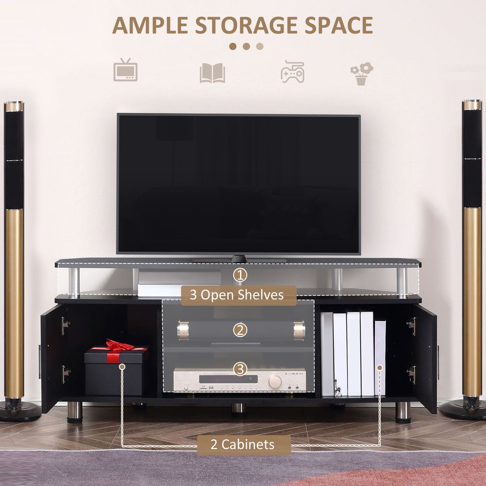 Black TV stand with two cabinets and three open shelves for media storage