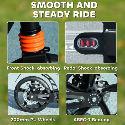 Kids scooter with shock absorption, orange suspension springs and black wheels