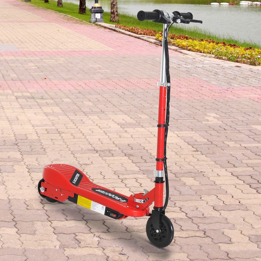 Red and black folding kids electric scooter with front wheel and kickstand