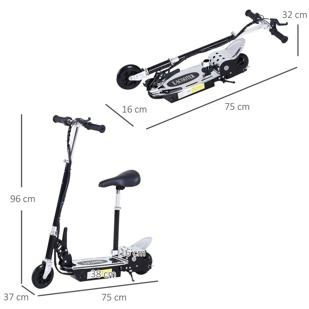 Foldable electric scooter with black frame and white front wheel, shown with size markings