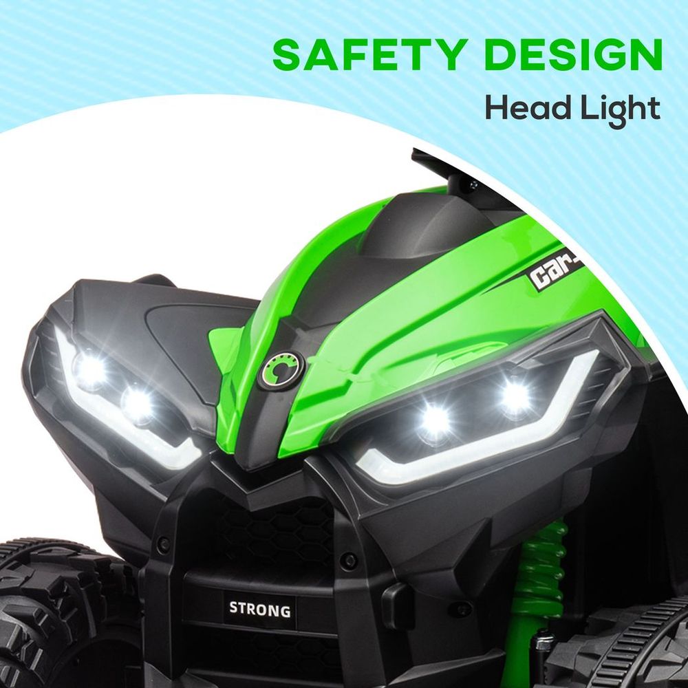 Green kids quad bike with bright LED headlights and black front grille