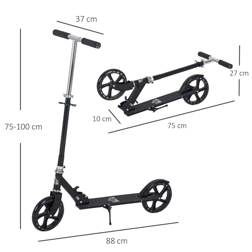 Black kids scooter with adjustable stem and three-wheel layout, shown with dimensions