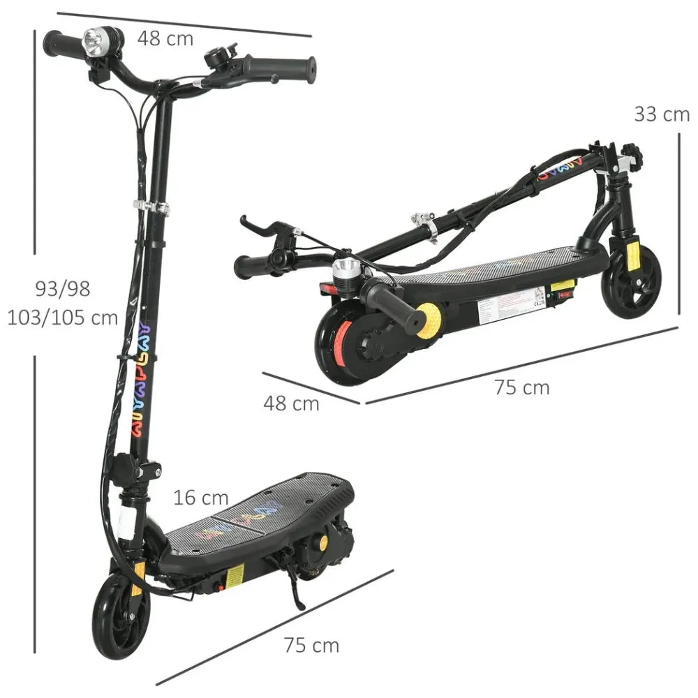 Black folding electric scooter shown with size guide for deck and wheels