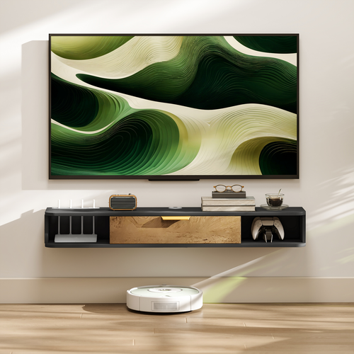 Wall-mounted grey TV unit with wood-toned center drawer and side open bays