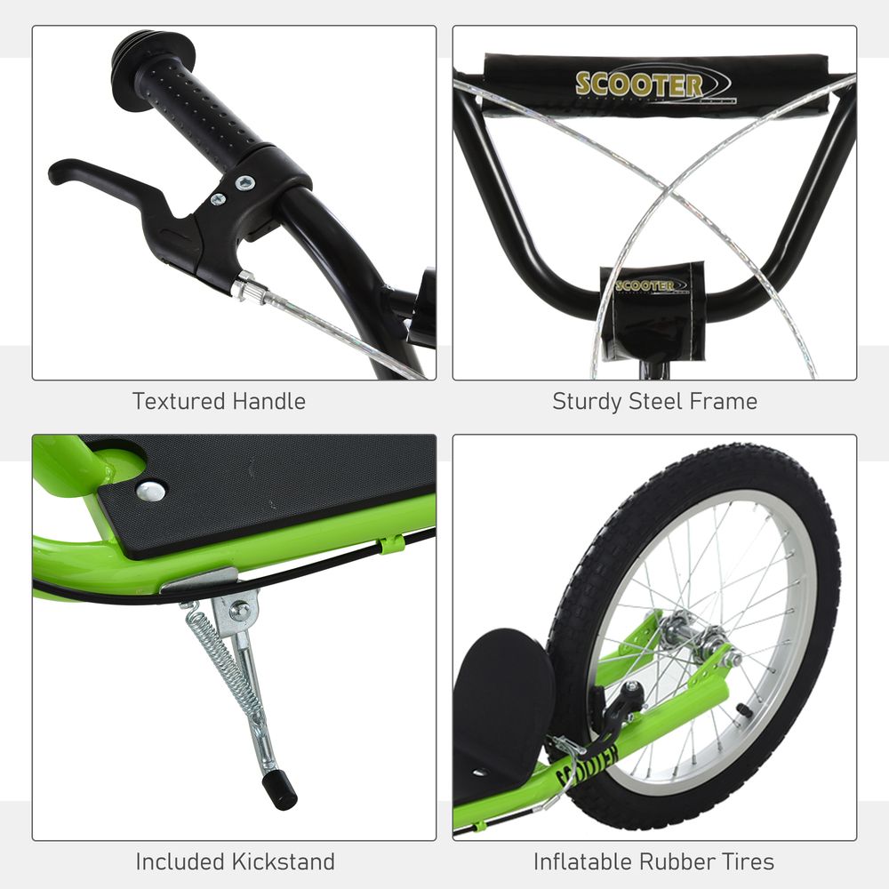 Green kids kick scooter components: textured handlebar grips, steel frame, inflatable tires