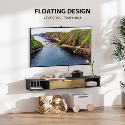 Floating media console with grey frame and wood-toned center storage cabinet