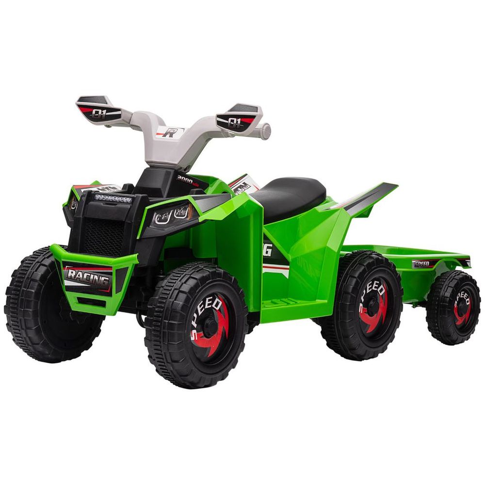 Green ride-on ATV for kids with back trailer and black seat, four large wheels