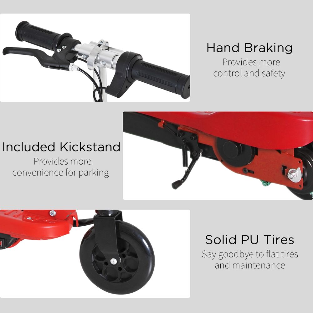 Red electric scooter close-up: hand brake, kickstand, and solid PU tire