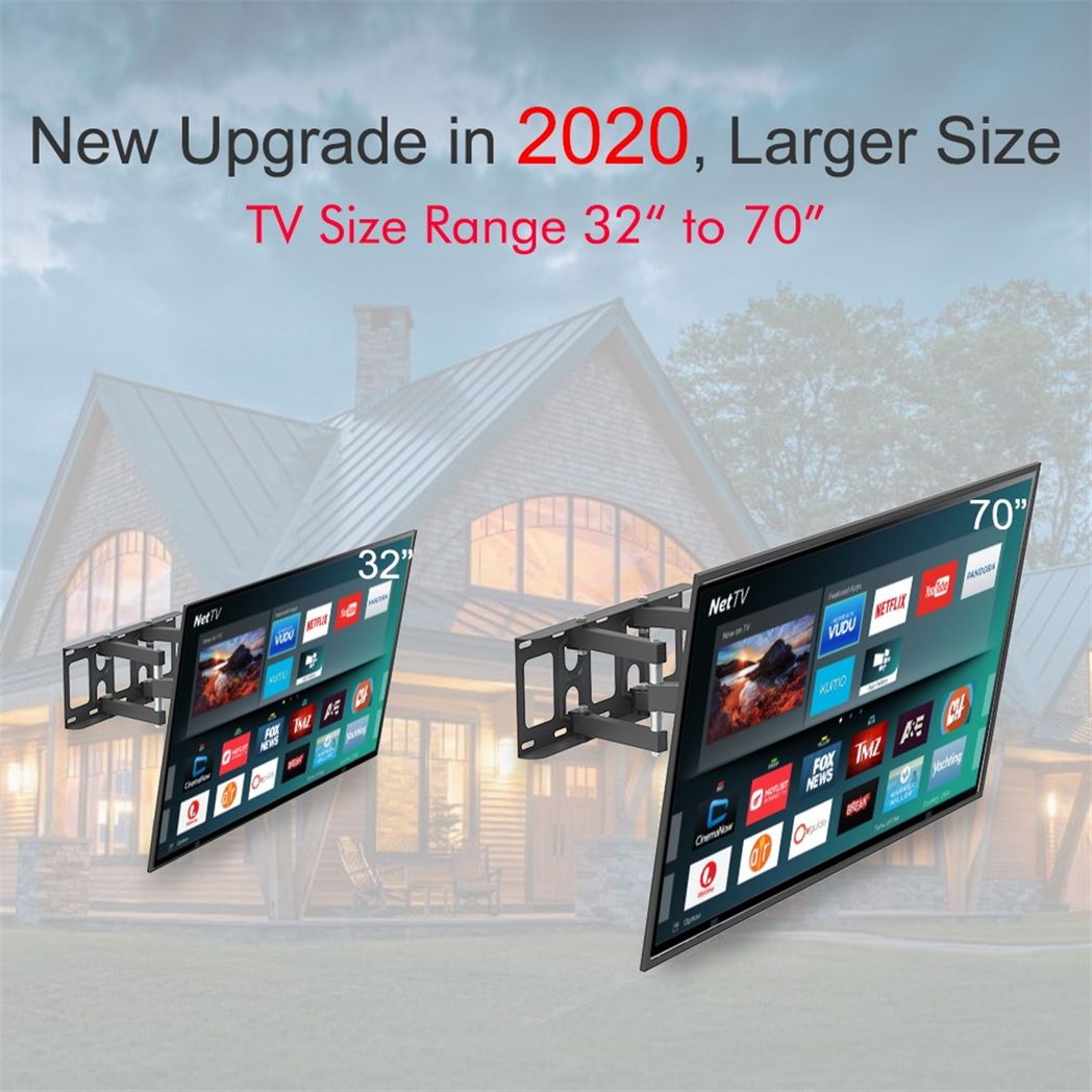 Black double-arm TV wall mount with pivoting support arms for TV attachment