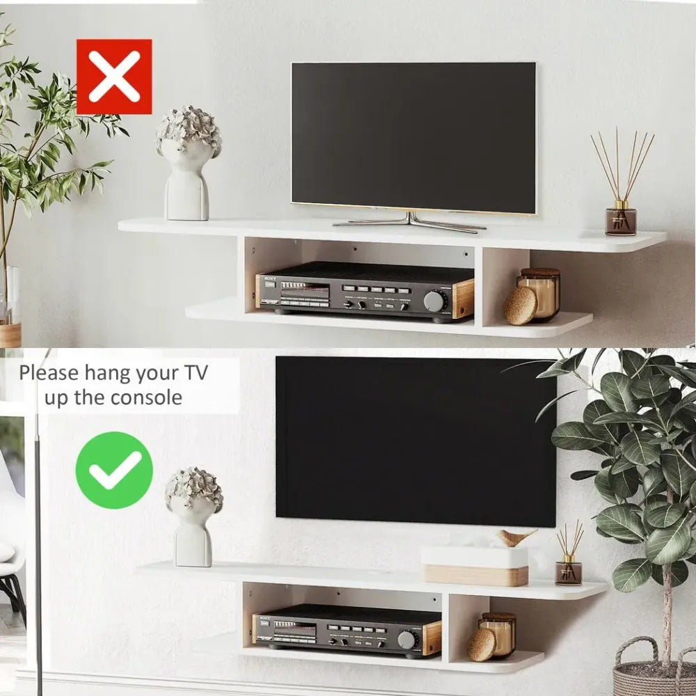 White wall-mounted TV console with open shelves for media devices