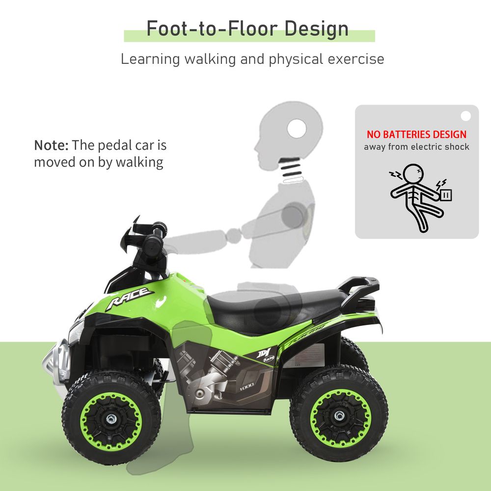 Green and black foot-to-floor toddler ride-on quad car with foot-powered walking design
