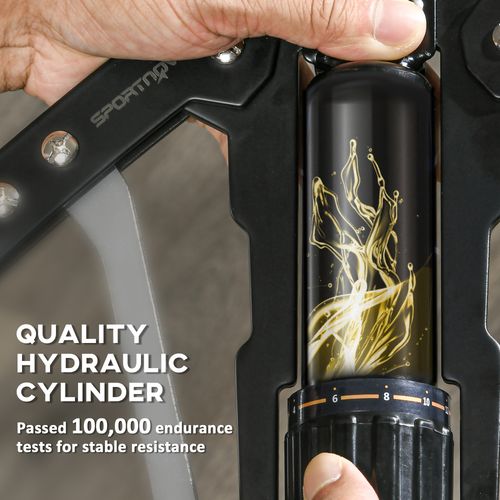 Close-up of scooter hydraulic cylinder on black frame with gold graphic and dial markings