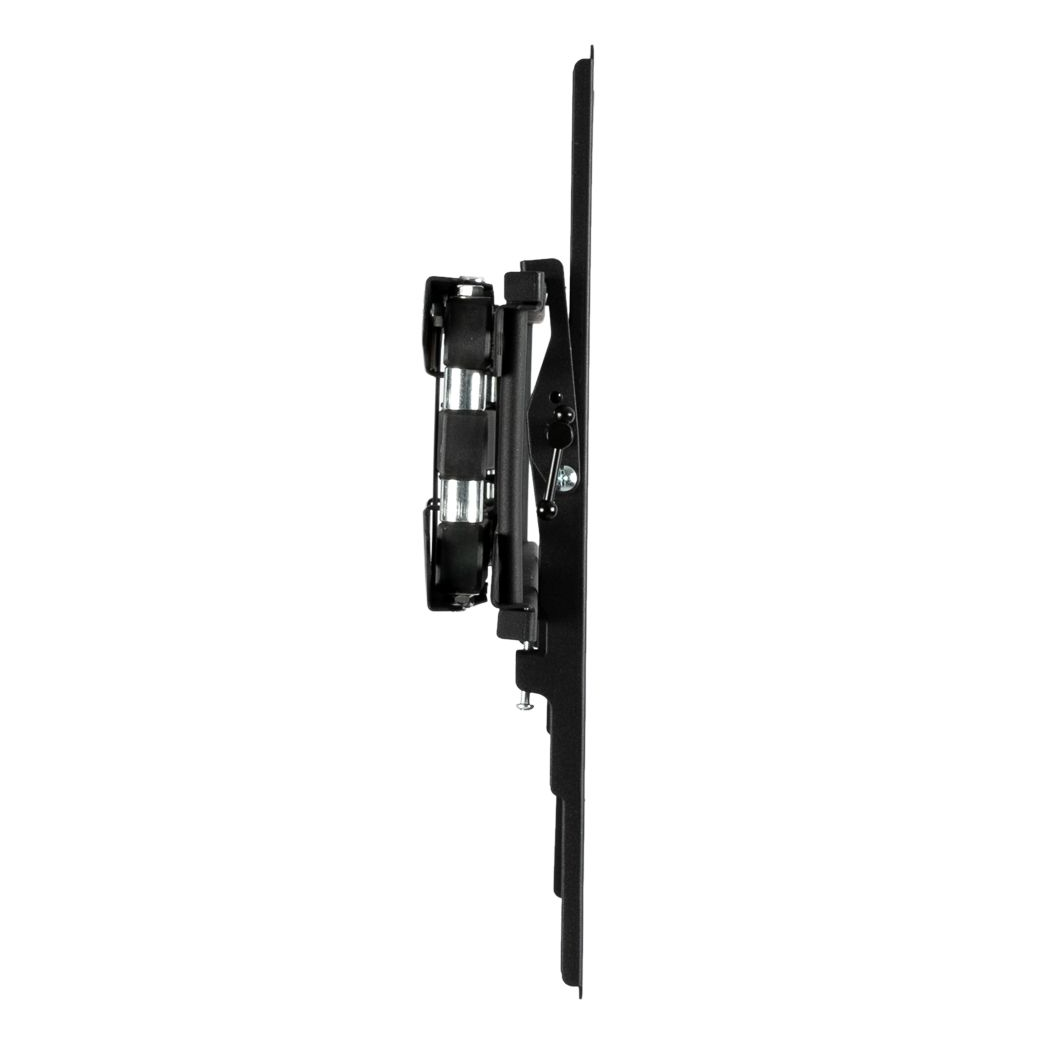 Black TV wall mount viewed from the side, slim profile with extended support arms